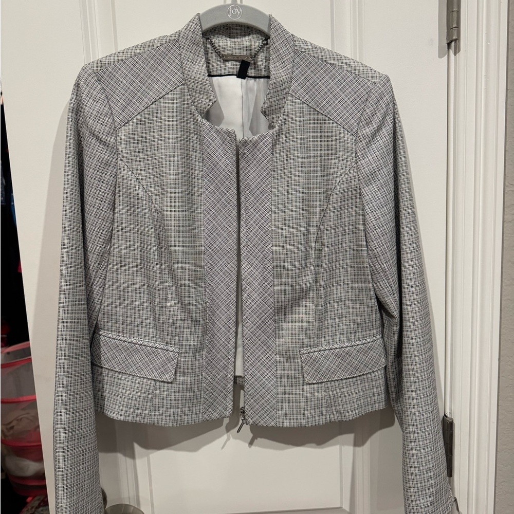 White House Black Market Gray Plaid Zip-Front Blazer Jacket